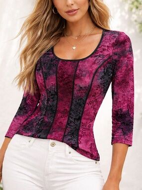 Roz & Ali Pink Floral Top Stretchy 3/4 Sleeve Blouse Size S
